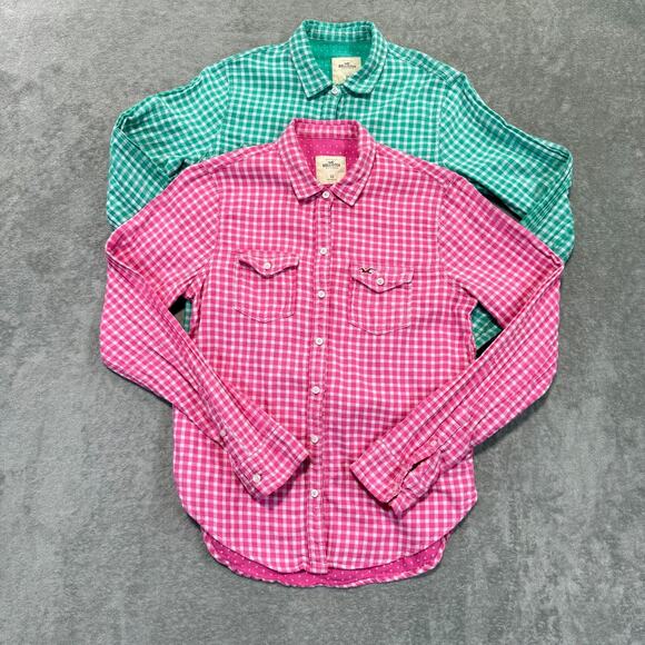 Hollister Pink Green White Gingham Checked Button Up Pocket With Logo XS - Picture 1 of 8